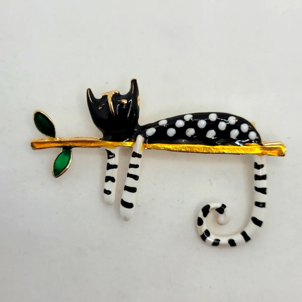 Cat brooch / pin, black & white cat on branch